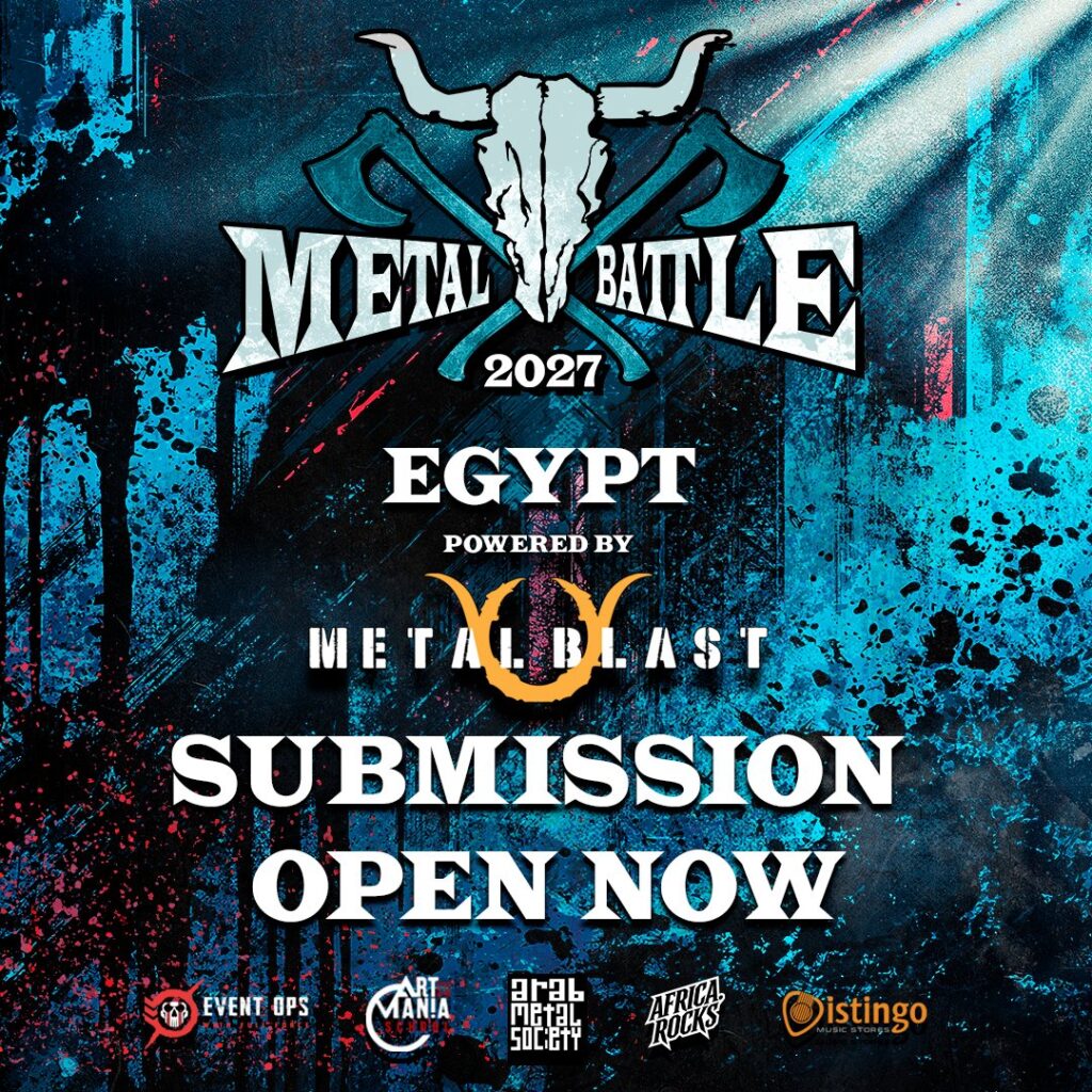 Metal Battle 2027 Egypt poster with bull skull logo, crossed axes, and submission open now text on distressed turquoise and dark background.